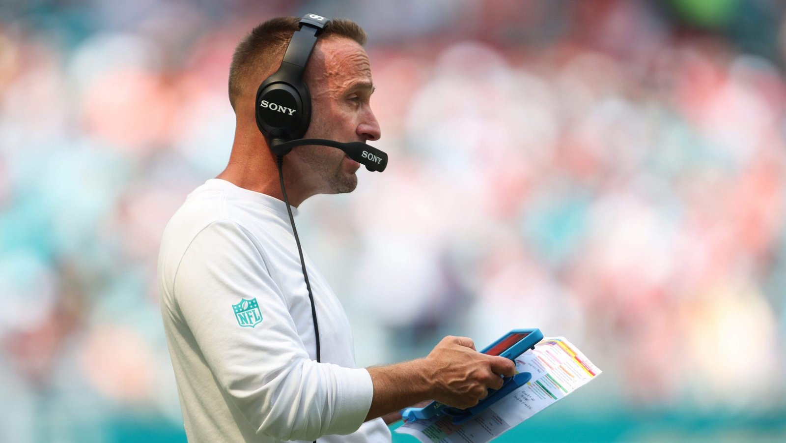 MIAMI GARDENS, FLORIDA - SEPTEMBER 27: Head Coach Jeff Hafley of the Miami Dolphins looks onto the field during the first half of a game against the Kansas City Chiefs at Hard Rock Stadium on September 27, 2026 in Miami Gardens, Florida. (Photo by Alie Skowronski/Getty Images)