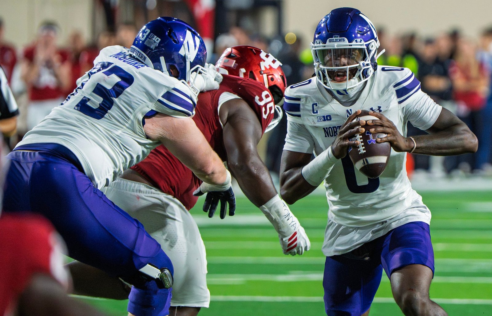 Northwestern's Aidan Chiles (0) during the Indiana versus Northwestern football game at Memorial Stadium on Friday, Sept. 25, 2026.