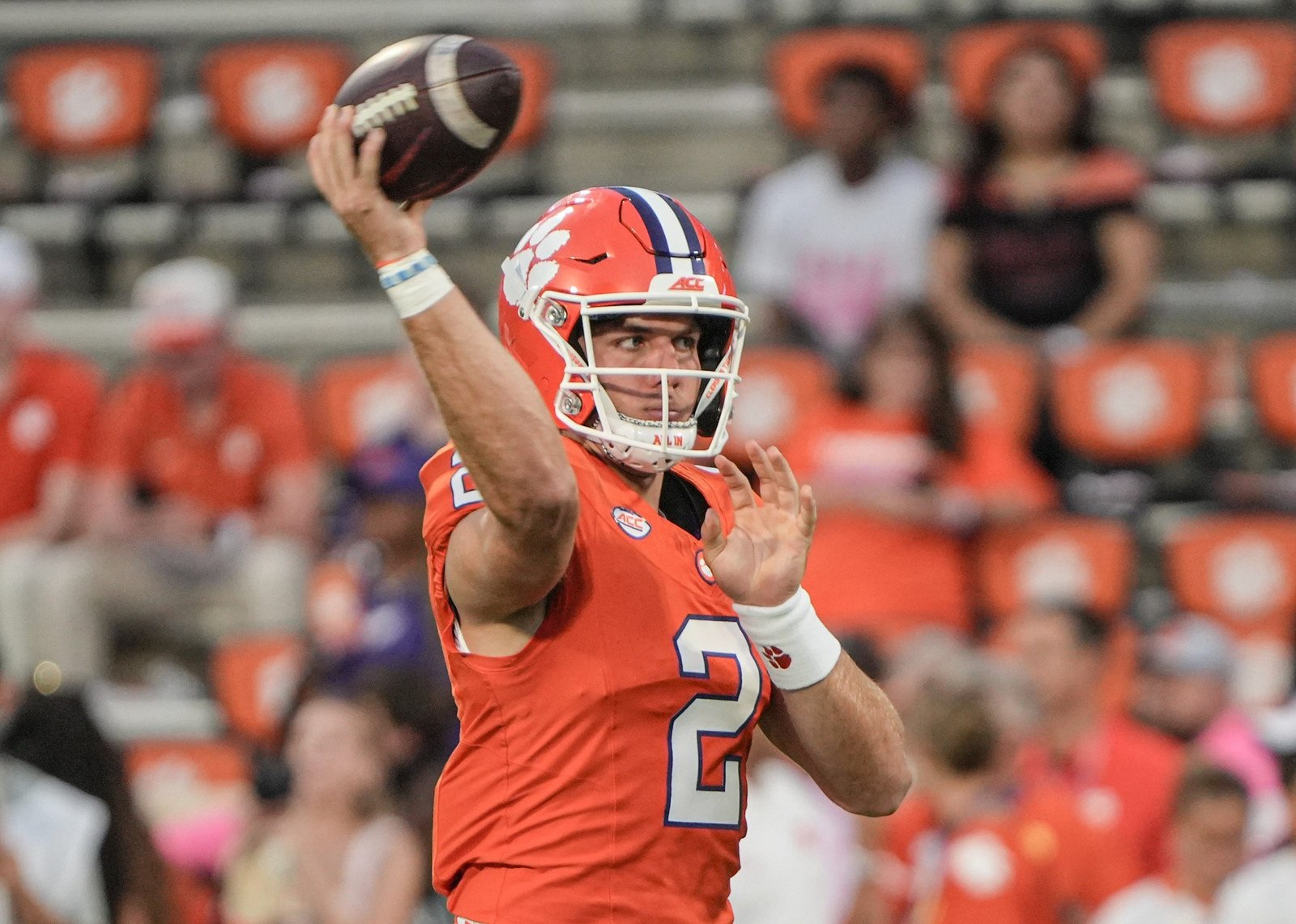 Clemson quarterback Tait Reynolds (2) during warm up time before kickoff at Memorial Stadium in Clemson at Memorial Stadium Saturday, October 3, 2026.