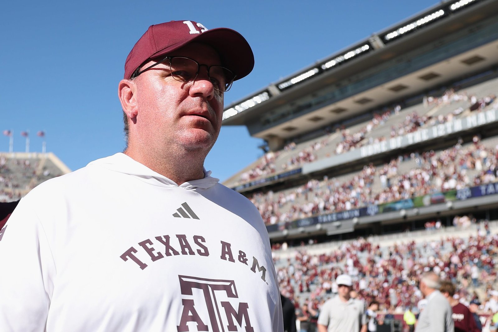 Texas A&M coach Mike Elko walks off the field after his team's game against Samford at Kyle Field on Nov. 22, 2025 in College Station, Texas.