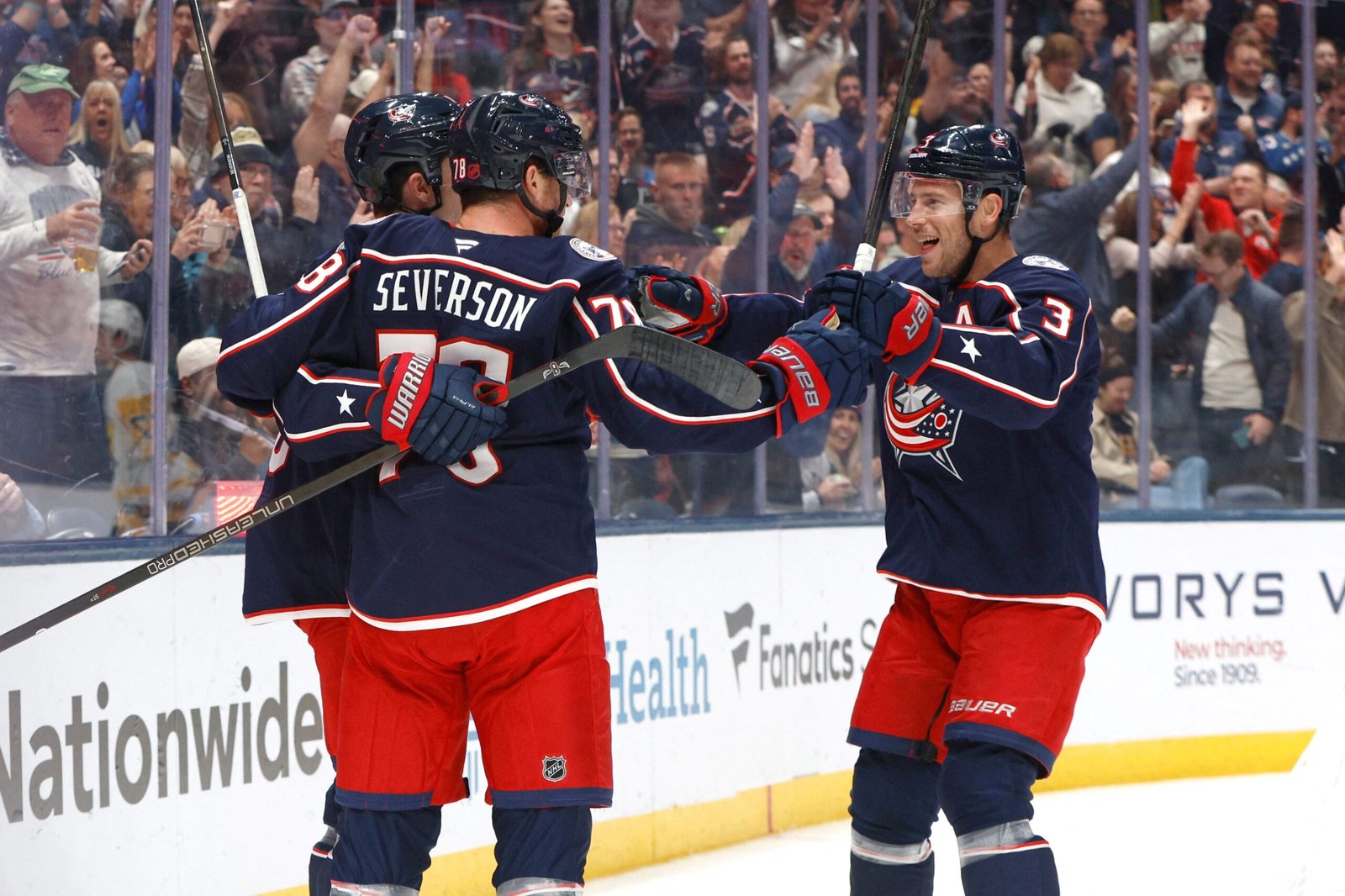 Oct 9, 2026; Columbus, Ohio, USA; Columbus Blue Jackets defenseman Damon Severson (78) celebrates his goal against the Pittsburgh Penguins during the first period at Nationwide Arena. Mandatory Credit: Russell LaBounty-Imagn Images