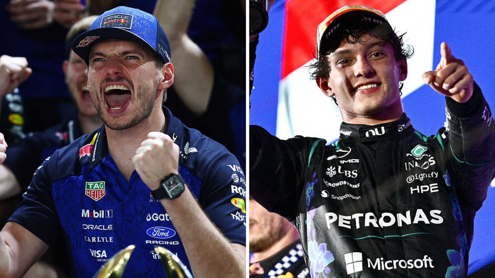 A split image of Max Verstappen and Kimi Antonelli celebrating following the Singapore Grand Prix