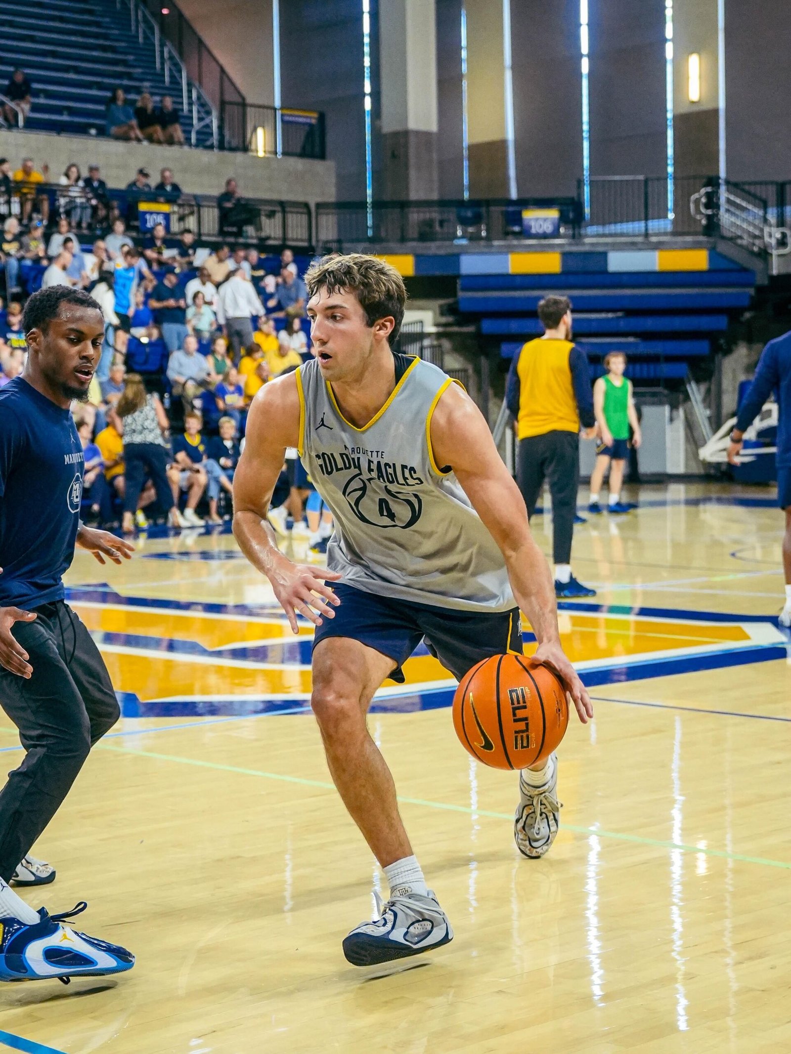 Nolan Minessale participates in a drill before a Marquette men’s basketball open practice at the McGuire Center on July 23,2026.