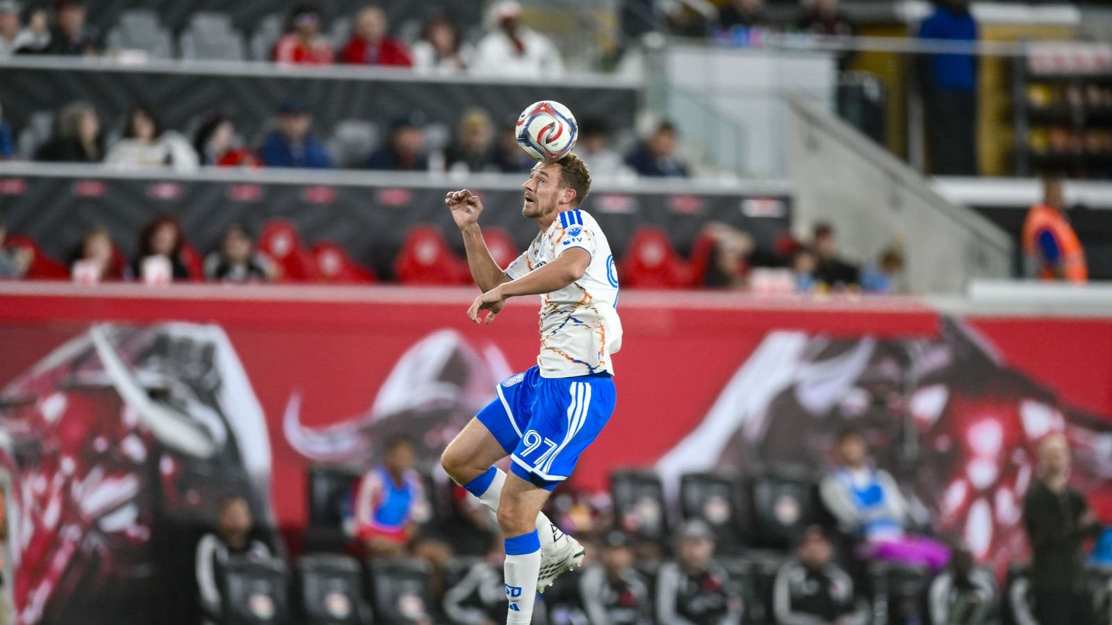 Oct 10, 2026; Harrison, New Jersey, USA; San Diego FC defender Christopher Mcvey (97) controls the ball against Red Bull New York during the second half at Sports Illustrated Stadium.