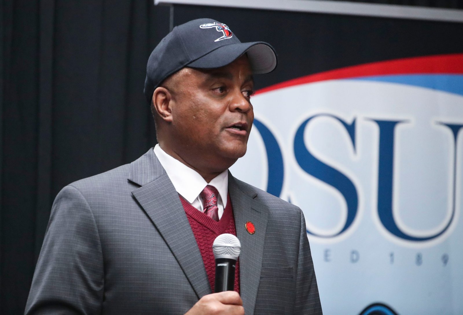Tony Tucker, athletic director of Delaware State University, speaks as DeSean Jackson is introduced as head football coach in Dover, Del., Wednesday Jan. 8, 2025.